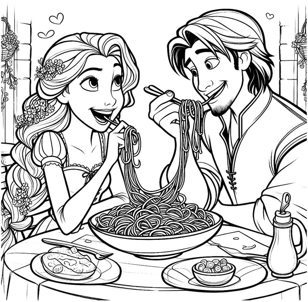 romantisches-dinner-mit-spaghetti-ausmalbild