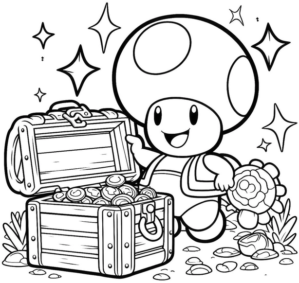 schatztruhe-mit-fröhlicher-figur-ausmalbild