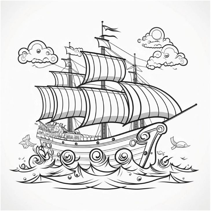 schiff-mit-wolken-und-wellen-ausmalvorlage