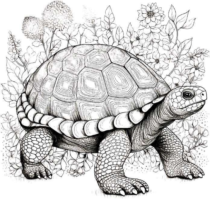 schildkroete-unter-blumen-und-pflanzen