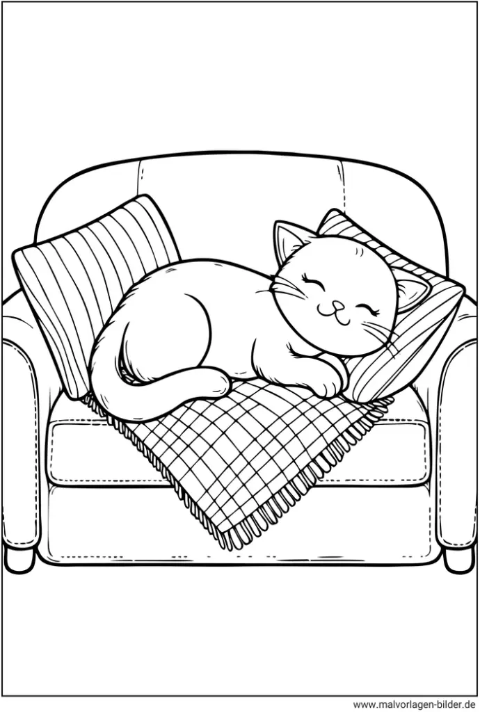 schlafende-katze-auf-einem-sofa-ausmalbild