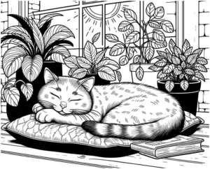 schlafender-kater-mit-pflanzen-ausmalvorlage