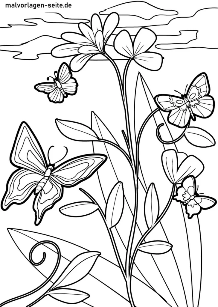 schmetterlinge-blumen-ausmalvorlage