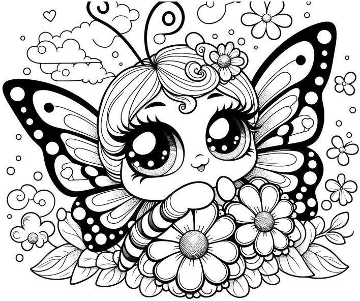 schmetterlingswesen-blumen-wolken-malvorlage