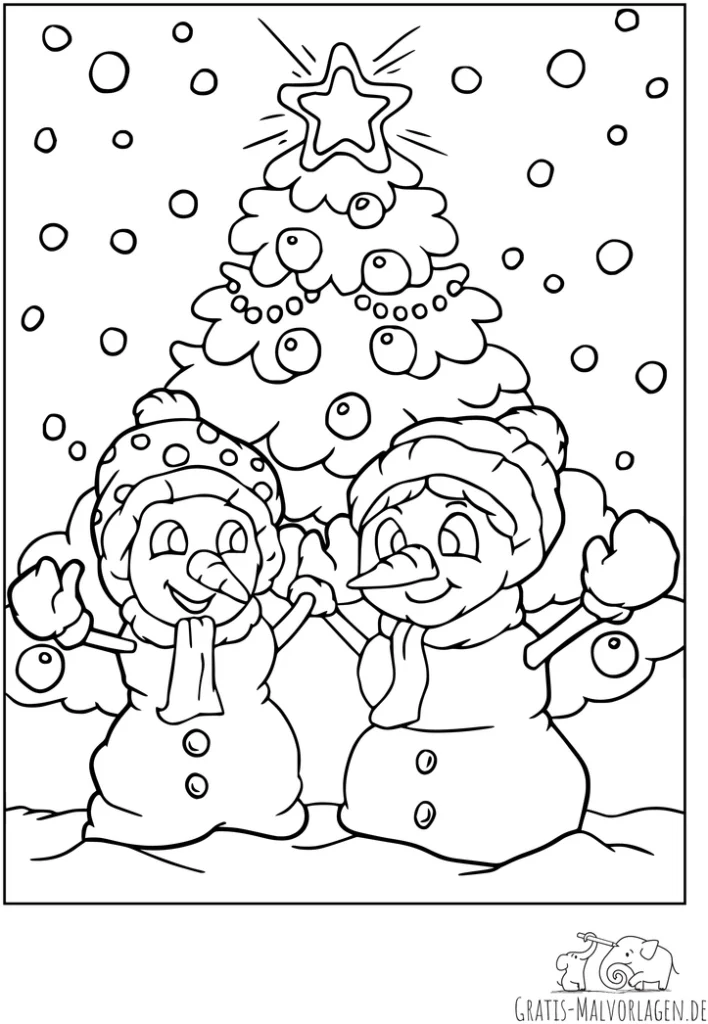 schneemaenner-und-weihnachtsbaum-ausmalvorlage