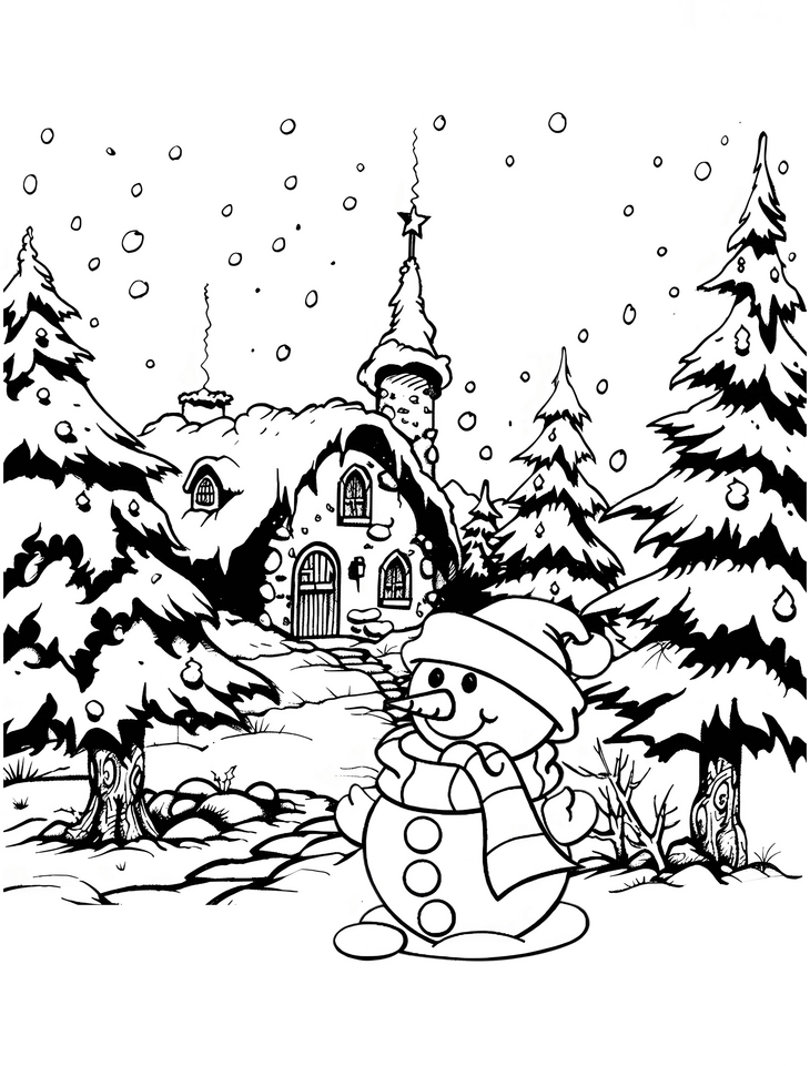schneemann-im-winter-winterlandschaft-ausmalvorlage
