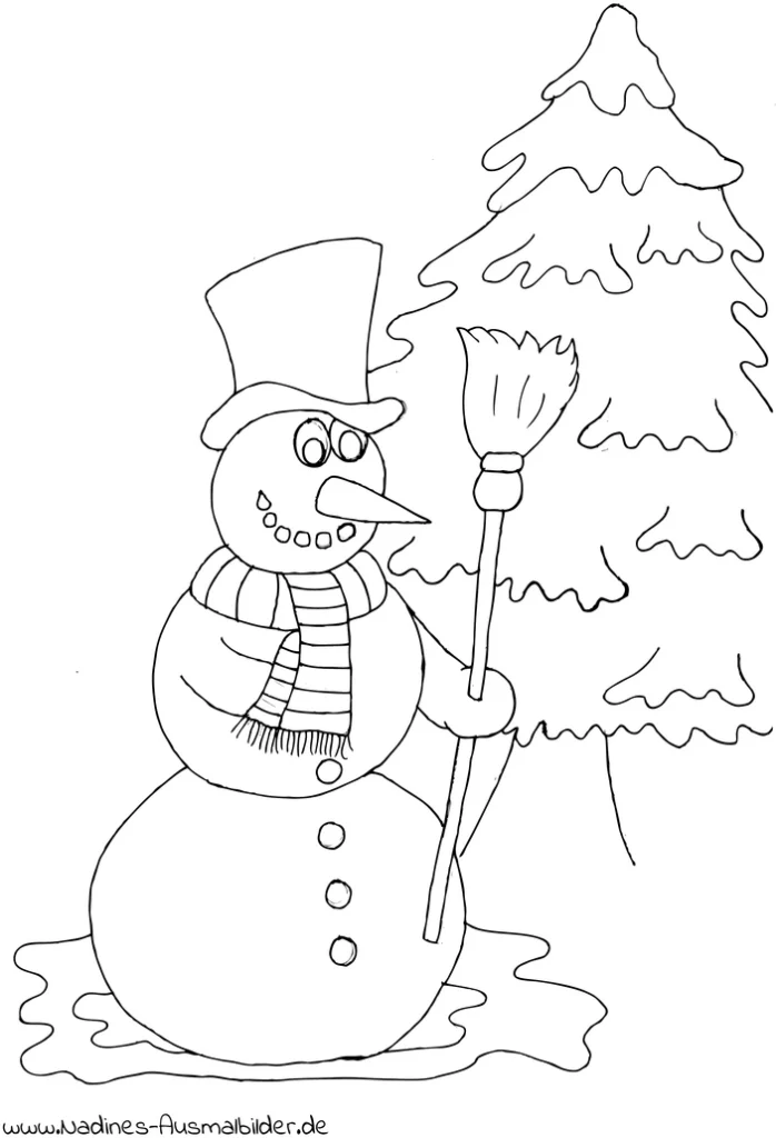 schneemann-mit-zylinder-und-besen-vor-tannenbaum