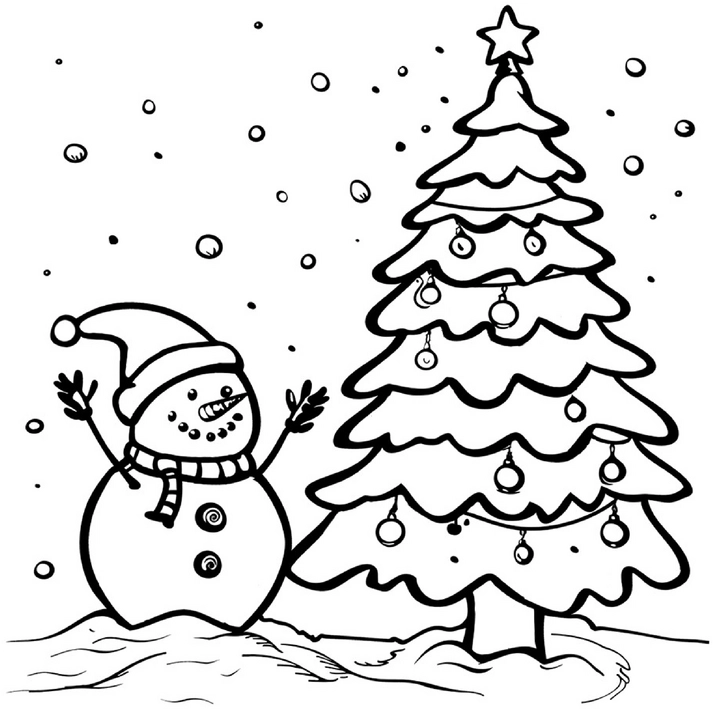 schneemann-und-weihnachtsbaum-in-winterlandschaft