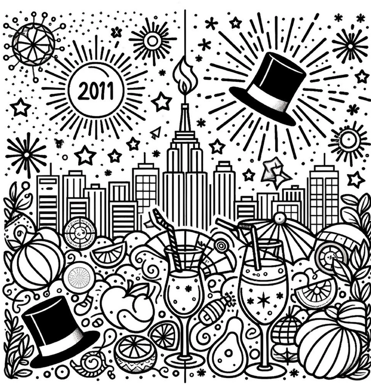 silvester-ausmalbild-mit-cocktails-und-feuerwerk