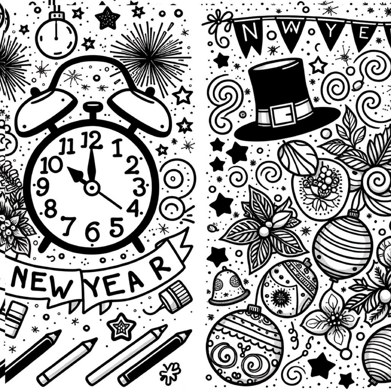 silvester-malvorlage-wecker-festliche-elemente