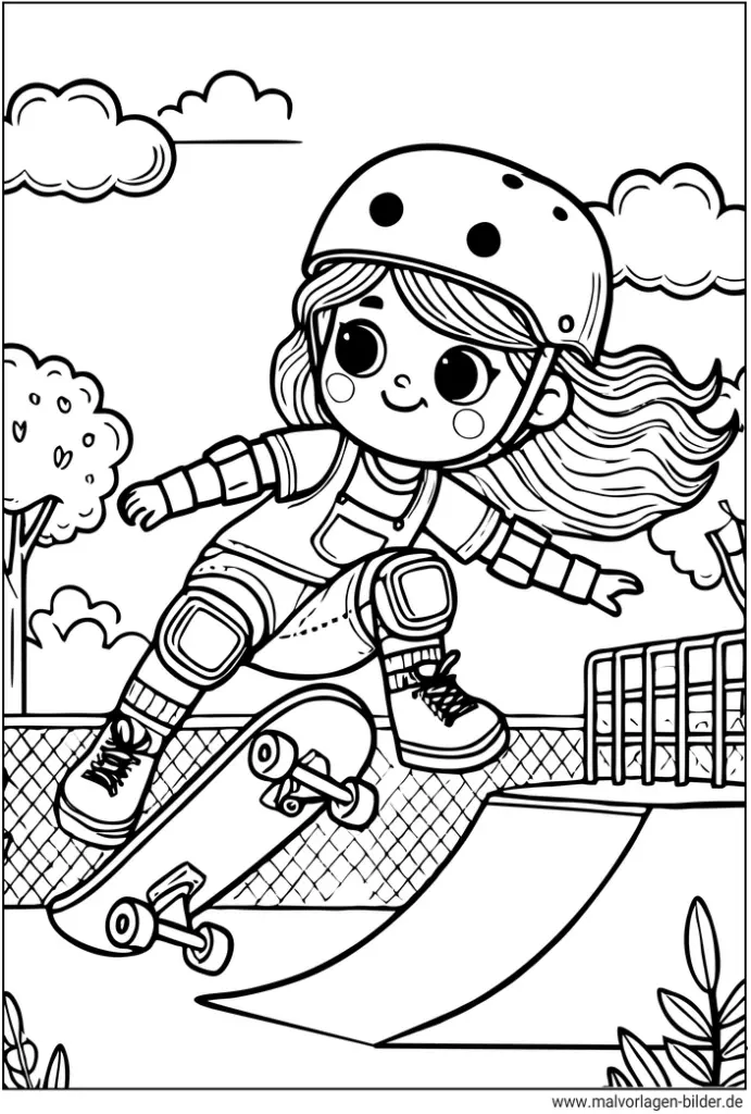 skateboard-maedchen-auf-rampe-ausmalvorlage