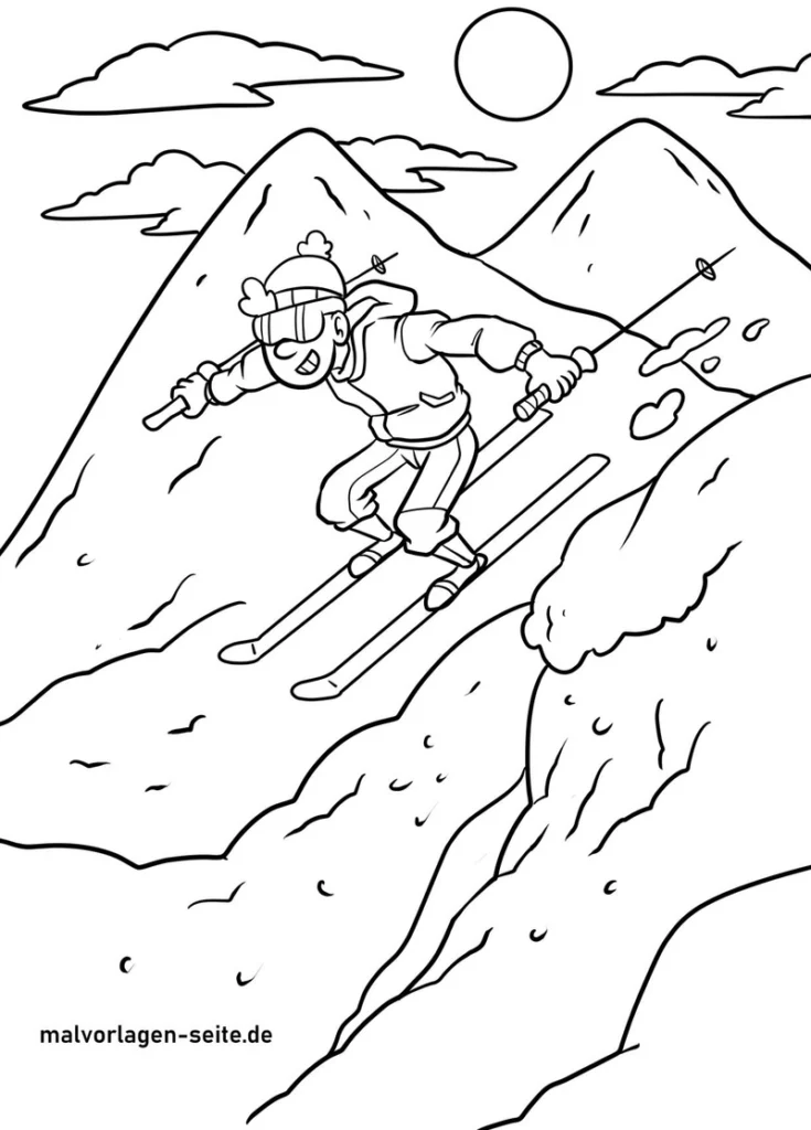 skifahrer-in-den-bergen-malvorlage