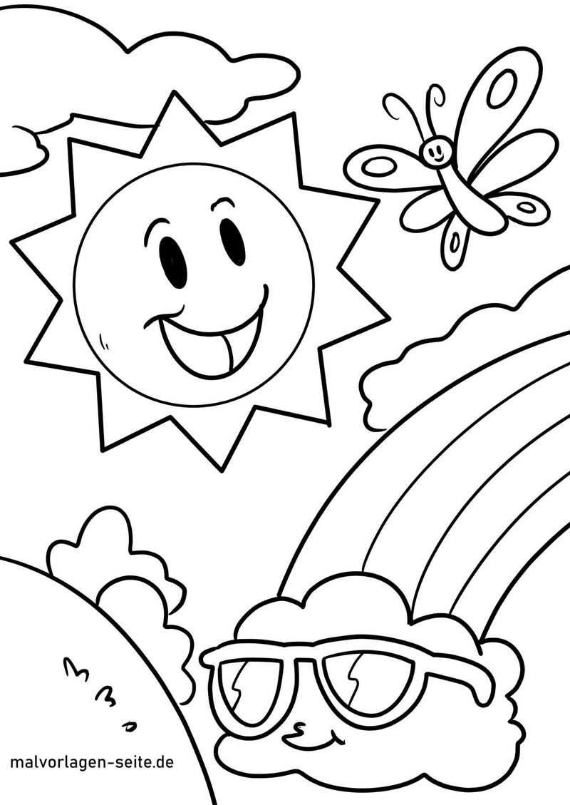 sonne-regenbogen-schmetterling-ausmalvorlage