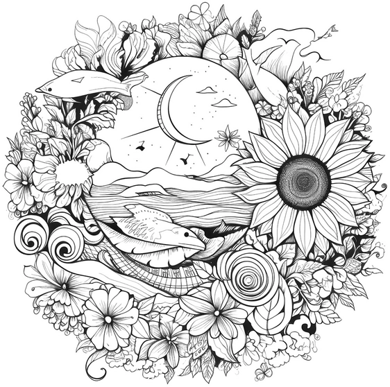 sonnenblumen-und-fische-natur-ausmalvorlage