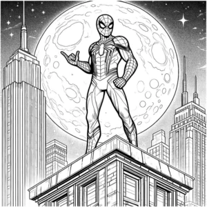 spiderman-auf-hochhaus-mit-mond-ausmalvorlage