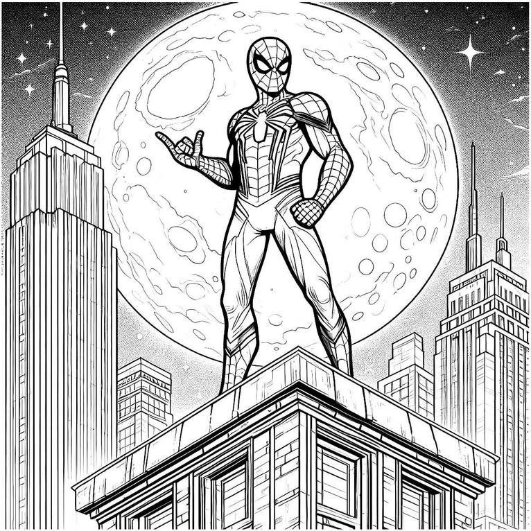 spiderman-auf-hochhaus-mit-mond-ausmalvorlage