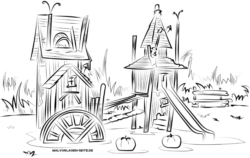 spielplatz-holzhaus-wasserrad-malvorlage