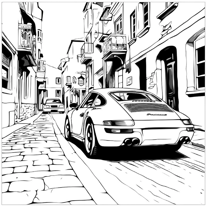 sportliches-auto-altstadt-ausmalvorlage