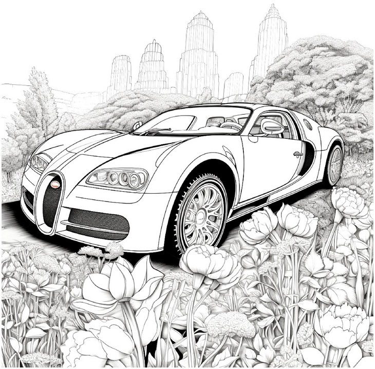 sportwagen-in-blumenlandschaft-ausmalvorlage
