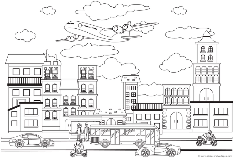 stadt-flugzeug-und-fahrzeuge-ausmalvorlage