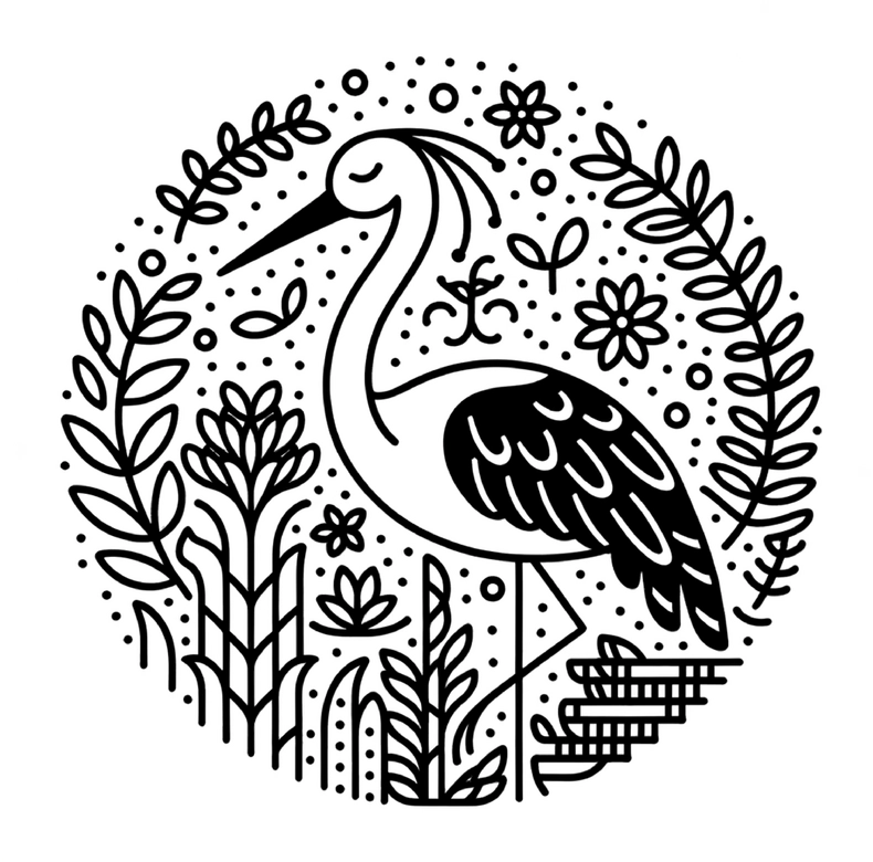 storch-in-bluehender-pflanzenwelt-malvorlage