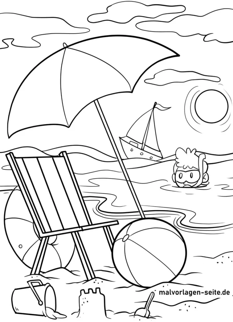 strand-szene-mit-liegestuhl-und-sonnenschirm