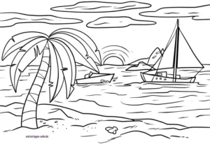 strand-szene-mit-palmbaum-und-booten