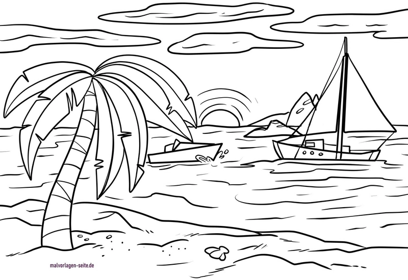 strand-szene-mit-palmbaum-und-booten
