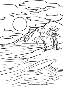 strandlandschaft-mit-palmen-und-surfbrett