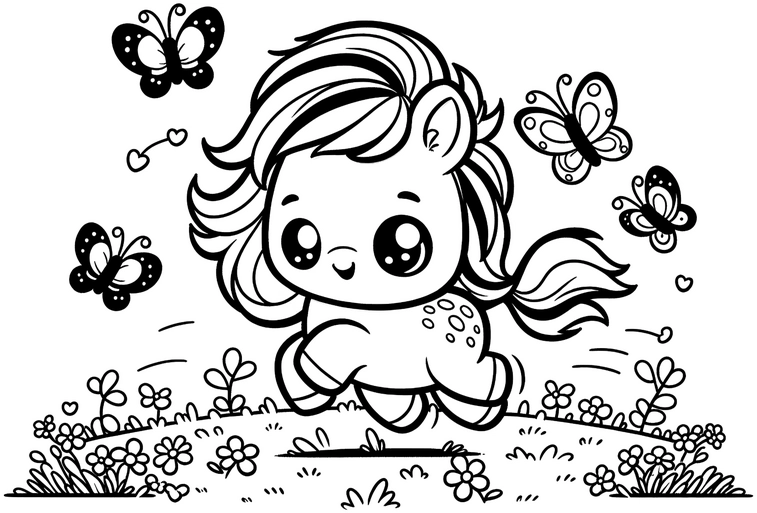 suesses-pony-mit-schmetterlingen-und-blumen