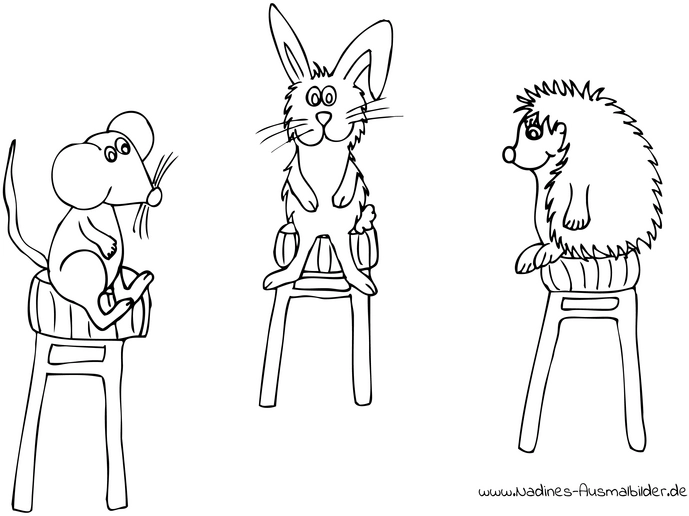 tierfreunde-hase-maus-und-igel-auf-hockern