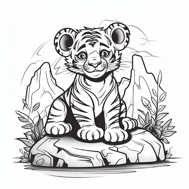 tiger-auf-einem-felsen-mit-pflanzen-und-bergen