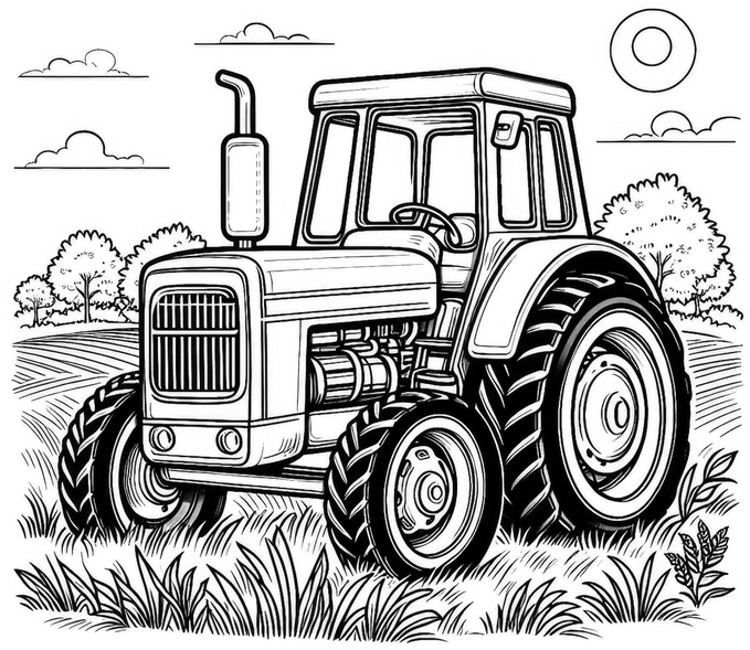 traktor-ausmalvorlage-im-feld-mit-baeumen