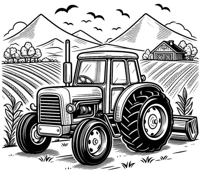 traktor-in-der-landschaft-ausmalvorlage