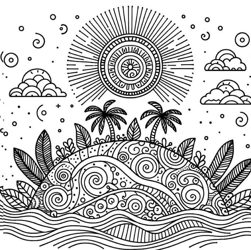 tropische-insel-sonne-und-palmen-ausmalvorlage