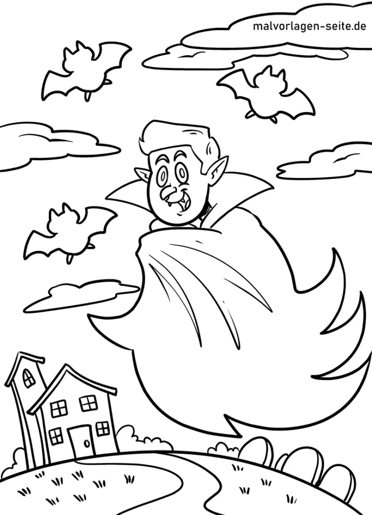 vampir-mit-fledermaeusen-und-haus-malvorlage