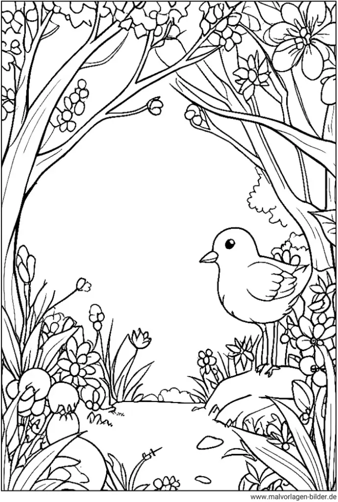 vogel-fruehling-blueten-ausmalbild