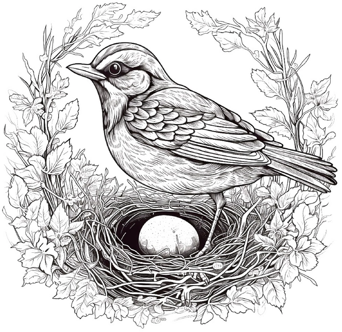 vogel-im-nest-mit-ei-und-pflanzen