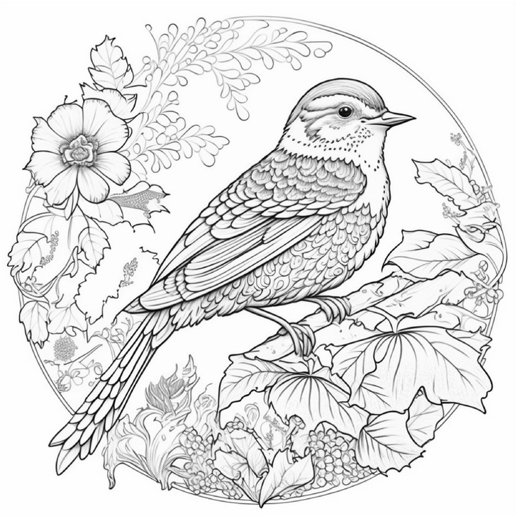 vogel-mit-blumen-und-pflanzen-ausmalvorlage