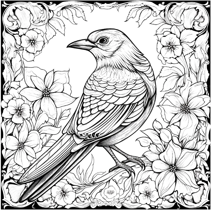 vogel-und-blumen-ausmalvorlage