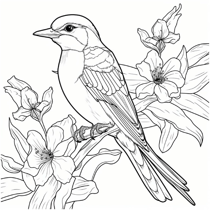 vogel-und-grosse-blumen-ausmalvorlage