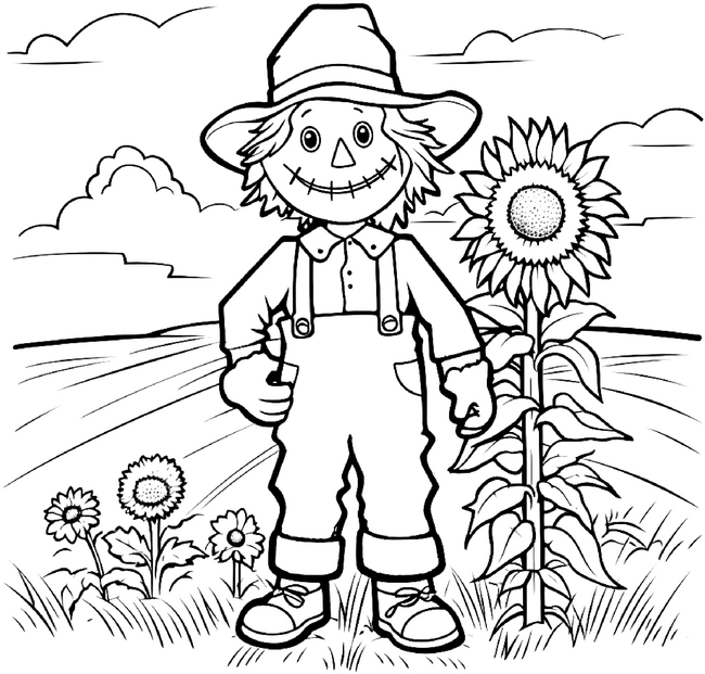 vogelscheuche-mit-sonnenblumen-ausmalbild