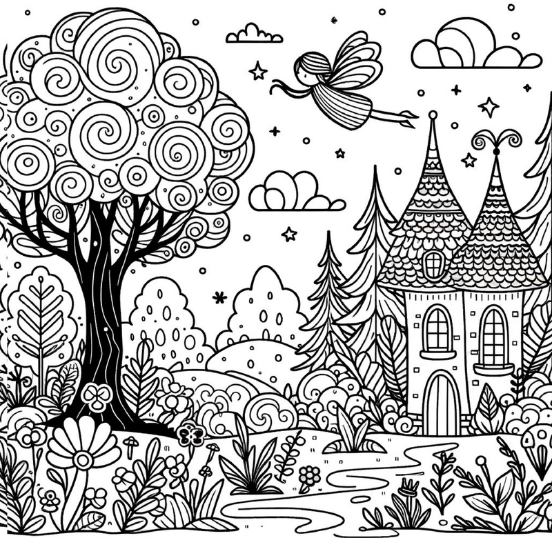 wald-mit-fee-und-haus-ausmalvorlage
