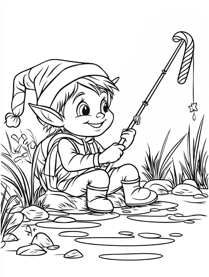waldelfe-mit-angel-am-wasser-ausmalvorlage