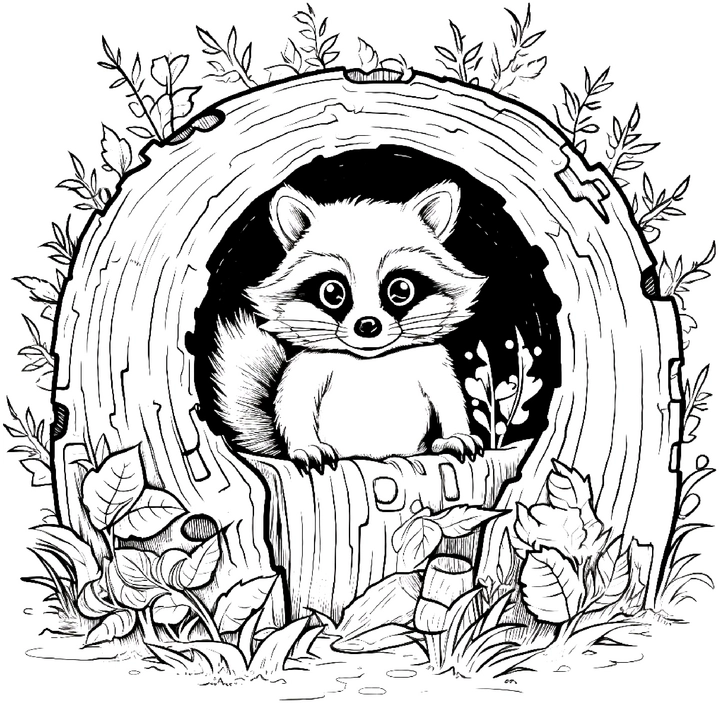 waschbaer-im-baumstamm-mit-pflanzen