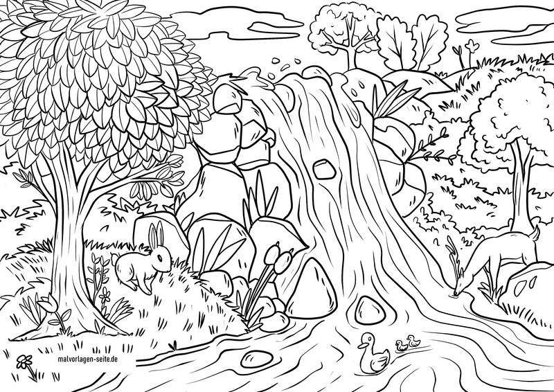 wasserfall-mit-tieren-und-pflanzen-ausmalvorlage