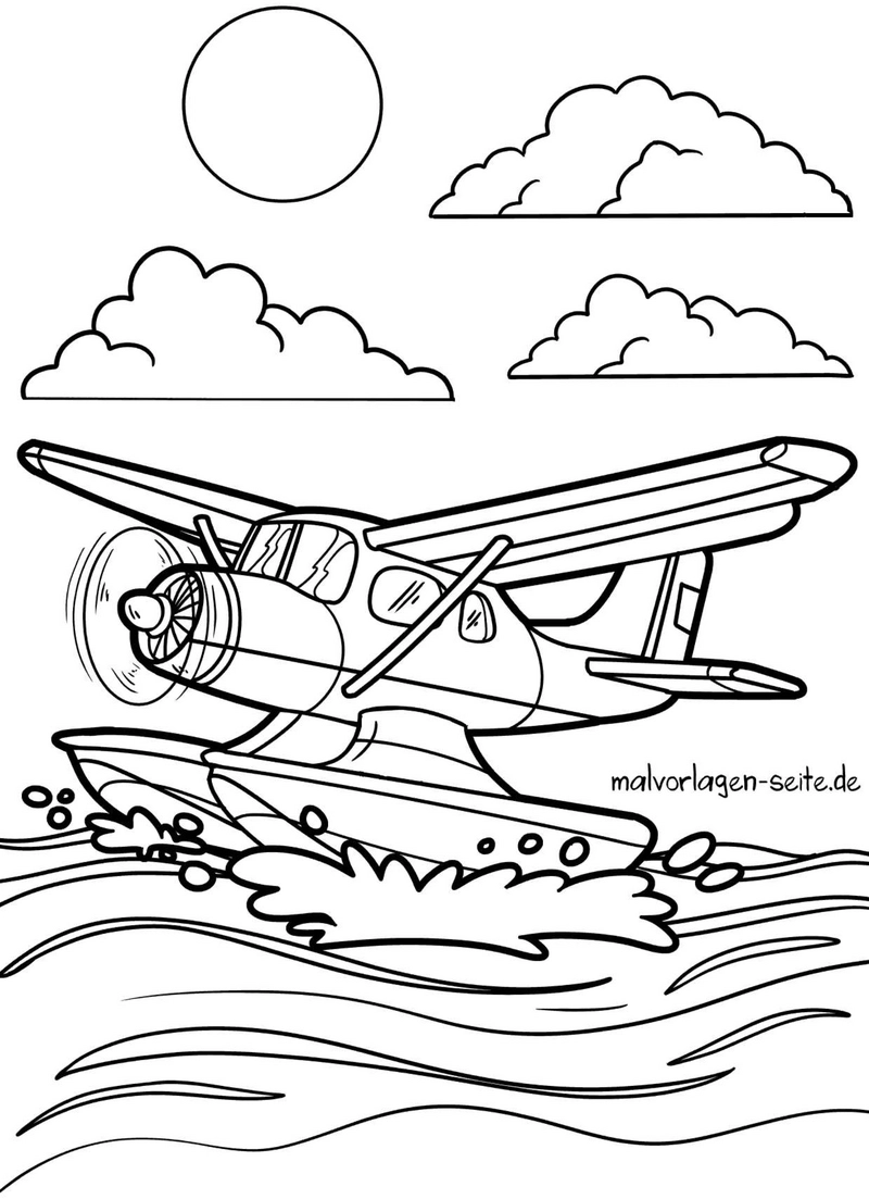 wasserflugzeug-ausmalvorlage-sonne-wolken