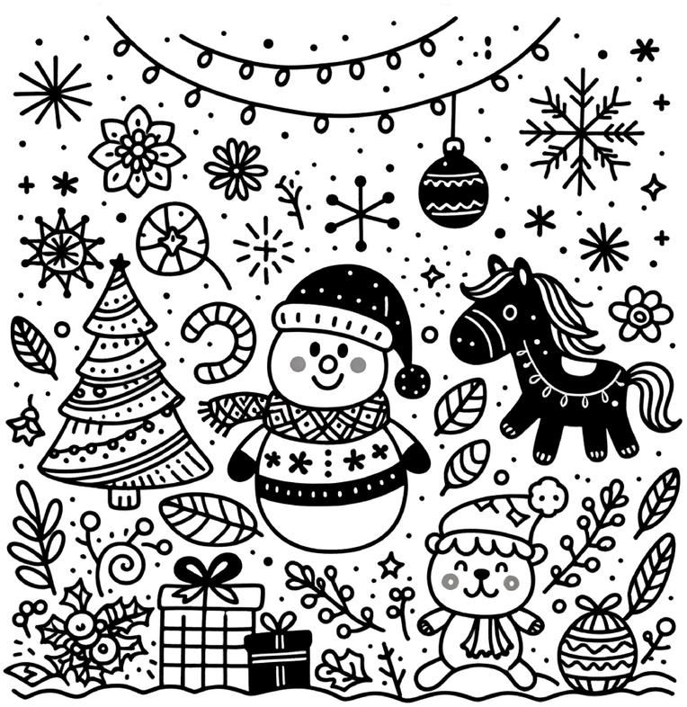 weihnachten-ausmalvorlage-schneemann-baum-pferdchen