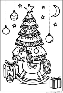 weihnachtsbaum-mit-geschenken-und-schaukelpferd-ausmalbild