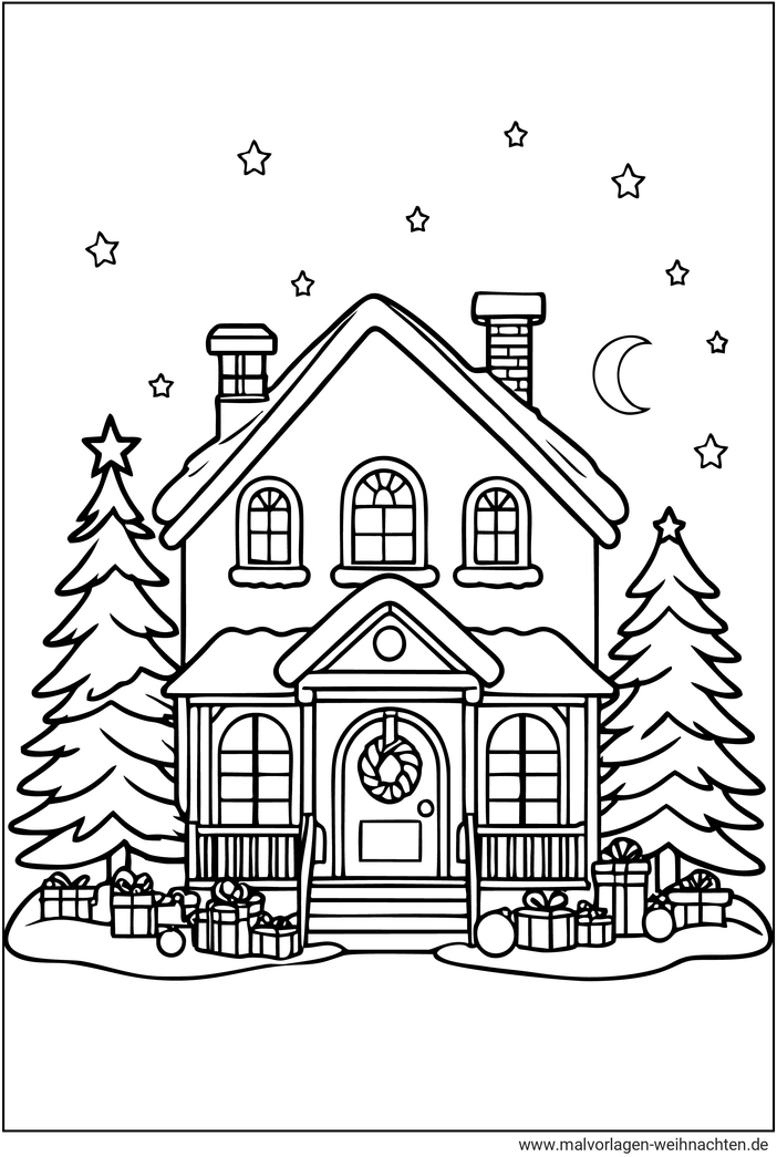 weihnachtshaus-mit-geschenken-und-tannenbaum